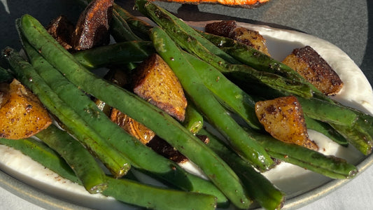 Blistered Green Beans and Potatoes Over Whipped Feta